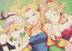 3girls amano_yoshitaka_design blonde_hair blue_eyes breasts cape celes_chere cleavage earrings closed_eyes final_fantasy final_fantasy_vi hair_ornament hat highres holding_hands jewelry looking_at_viewer lying medium_breasts multiple_girls on_grass purple_eyes relm_arrowny smile strapless tina_branford tube_top upper_body vest yawai_tofu