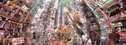 6+boys 6+girls alien artist_name backpack bag bakery black_hair blonde_hair bow broom broom_riding brown_hair city cityscape fantasy flying food glasses hair_bow hat helmet highres japanese_clothes john_hathway kimono long_hair multiple_boys multiple_girls original outdoors oxygen_tank pink_hair ponytail red_eyes red_hair rocket scenery shop short_hair sign skirt smile smoke stairs storefront straw_hat striped_clothes striped_legwear striped_thighhighs thighhighs