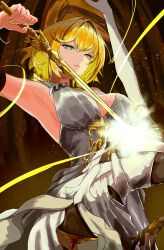 1girl absurdres aglaea_(honkai:_star_rail) armpits blonde_hair breasts commentary cowboy_shot dress expressionless from_below garmentmaker_(honkai:_star_rail) glowing gold greco-roman_clothes green_eyes hair_intakes highres holding holding_sword holding_weapon honkai:_star_rail honkai_(series) jewelry large_breasts parted_lips sheath short_hair sleeveless sleeveless_dress solo standing sword thread unsheathing weapon white_dress yellow_nails yuu_(primenumber7)