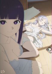 2girls breasts cameltoe closed_eyes closed_mouth earrings elf fern_(sousou_no_frieren) frieren grey_hair grey_nightgown highres indoors jewelry keihh long_hair lying medium_breasts multiple_girls on_back outstretched_arm panties pillow pointy_ears purple_eyes purple_hair selfie sex_toy sleepwear small_breasts sousou_no_frieren spread_legs twintails underwear white_panties