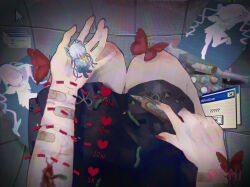 1girl absurdres ame-chan_(needy_girl_overdose) artist_name bandaid black_skirt blood blue_shirt blue_skirt bow boxcutter bug butterfly chibi chouzetsusaikawa_tenshi-chan commentary_request cursor distortion dotted_line female_pov highres holding holding_boxcutter insect long_sleeves medicine nail_polish needy_girl_overdose pill pov red_butterfly scar scar_on_arm school_uniform self-harm_scar serafuku shirt skirt syringe twintails twitter_cutting_game window_(computing) yellow_bow yihi