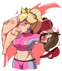 Rule 34 | 1boy, 1girl, @ @, blonde hair, blue eyes, blush, bodyattk, breasts, brown hair, carrying, crown, domination, fellatio, femdom, fireman&#039;s carry, hat, heart, highres, large breasts, legs, looking at another, mario, mario (series), mario strikers (series), midriff, navel, nintendo, oral, pink lips, ponytail, princess peach, red hat, simple background, striker peach, super mario strikers, tagme, thighs