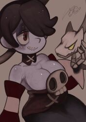 1girl alternate_breast_size blush breasts brown_background colored_skin detached_collar detached_sleeves dress hair_over_one_eye half-closed_eyes highres large_breasts leviathan_(skullgirls) purple_hair purple_skin raphusovo red_eyes side_ponytail sitting skeletal_hand skullgirls smile solo squigly_(skullgirls) stitched_mouth stitches striped_sleeves veins veiny_breasts zombie