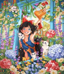 1girl armpits bag black_cat black_hair blue_dress blue_eyes blue_flower bow bowtie cat dress flower frilled_dress frills hair_bow highres holding holding_bag holding_flower hydrangea jiji_(majo_no_takkyuubin) kiki_(majo_no_takkyuubin) looking_at_viewer majo_no_takkyuubin medium_hair miahscat parted_lips pink_flower plant potted_plant purple_flower red_bow red_bowtie red_flower smile white_cat white_flower window yellow_flower