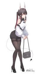 1girl :/ absurdres andri_sakie azur_lane bag bare_shoulders breasts brown_hair casual closed_mouth demon_girl demon_horns demon_tail expressionless eyeshadow from_side full_body hatsuzuki_(azur_lane) high_heels highres holding holding_bag horns knees_together_feet_apart leaning_forward long_hair looking_at_viewer makeup multicolored_hair off-shoulder_sweater off_shoulder oni pantyhose pom_pom_(clothes) red_eyes red_eyeshadow red_hair shoulder_bag small_breasts solo standing sweater tail thighs twintails two-tone_hair very_long_hair