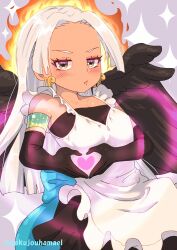 Rule 34 | 1girl, apron, black dress, black gloves, black wings, blood, closed mouth, dress, earrings, elbow gloves, fire, gloves, green blood, hamaeru, heart, heart hands, highres, jewelry, long hair, looking at viewer, one piece, s-snake, snake earrings, solo, star-shaped pupils, star (symbol), symbol-shaped pupils, white apron, white hair, wings, yellow eyes