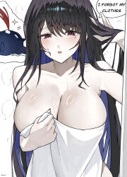 Rule 34 | 1girl, absurdres, aroused nosebleed, bare shoulders, black hair, blood, blue hair, breasts, cleavage, collarbone, colored inner hair, english text, ewn, excessive nosebleed, highres, hololive, hololive english, jailbird (nerissa ravencroft), large breasts, long hair, looking at viewer, mole, mole under eye, multicolored hair, naked towel, nerissa ravencroft, nosebleed, open mouth, pervert, red eyes, simple background, solo, towel, two-tone hair, very long hair, virtual youtuber