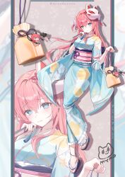 Rule 34 | 1girl, absurdres, alternate costume, anklet, bag charm, barefoot, blue eyes, blue kimono, blush, bocchi the rock!, character charm, charm (object), folded fan, folding fan, fox mask, full body, gotoh hitori, hair between eyes, hair ornament, hand fan, highres, holding, holding fan, japanese clothes, jewelry, kimono, kita ikuyo, long hair, long sleeves, looking at viewer, mask, myao (myaodayone), one side up, pastel colors, pink hair, sandals, side ahoge, solo, wide sleeves, yukata