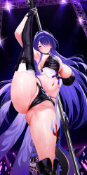 1girl absurdres acheron_(honkai:_star_rail) adapted_costume armpits asymmetrical_footwear black_boots black_bra black_gloves black_panties blush boots bra breasts cameltoe closed_mouth commission gloves hair_intakes hair_ornament highres holding holding_pole honkai:_star_rail honkai_(series) huge_breasts kiek_qaq knee_boots leg_tattoo leg_up long_hair looking_at_viewer navel panties partially_visible_vulva pixiv_commission pole purple_eyes purple_hair revision single_knee_boot single_thigh_boot solo split standing standing_on_one_leg standing_split stomach sweat tattoo thigh_boots thighs underwear uneven_footwear very_long_hair