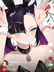 1girl absurdres alternate_costume animal_ear_hairband animal_ears arms_up asymmetrical_bangs bare_shoulders black_choker black_hair black_leotard black_nails blush choker closed_mouth earrings fake_animal_ears fake_phone_screenshot fake_screenshot flat_chest flower gen_8_pokemon green_eyes hair_ornament hairband hairclip highres jewelry leotard livestream looking_at_viewer marnie_(pokemon) morpeko morpeko_(full) multicolored_hair nintendo open_hands playboy_bunny pokemon pokemon_swsh purple_hair rabbit_ear_hairband rabbit_ears rabbit_pose red_flower solo spiz stud_earrings twintails two-tone_hair undercut upper_body wrist_cuffs