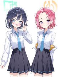 2girls alternate_costume alternate_hair_length alternate_hairstyle aris_(blue_archive) arms_behind_back black_hair black_skirt blue_archive blue_eyes blush cardcat_00 forehead highres looking_at_viewer multiple_girls open_mouth pleated_skirt red_hair shirt short_hair sidelocks skirt sweatdrop v white_shirt yuzu_(blue_archive)