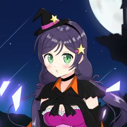 Rule 34 | 1girl, :o, artist name, artist request, black bow, black capelet, black choker, black gloves, blush, bow, breasts, cape, capelet, choker, cleavage, collarbone, dancing stars on me!, dress, elbow gloves, female focus, gloves, green eyes, hair between eyes, hair ornament, hair ribbon, hat, highres, long hair, looking at viewer, love live!, love live! school idol project, low twintails, mini hat, mini witch hat, moon, neito (qtuyiweyoc), night, night sky, outdoors, own hands together, purple dress, purple hair, purple ribbon, ribbon, sky, small breasts, solo, star (symbol), star hair ornament, star print, thighhighs, thighs, tojo nozomi, twintails, witch hat