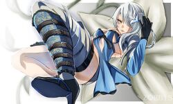 1girl belt black_gloves border breasts closed_mouth commentary flower gloves grey_hair hair_flower hair_ornament hair_over_one_eye high_heels highres kaine_(nier) large_breasts lingerie nier nier_(series) outside_border solo underwear v-shaped_eyebrows white_border yellow_eyes zorb11s