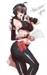 1girl abrokedrawer absurdres ahoge black_hair black_pants breasts crop_top feet_out_of_frame goggles goggles_on_head grace_howard highres large_breasts leggings looking_at_viewer midriff navel open_mouth pants short_hair simple_background solo sports_bra standing stomach white_background zenless_zone_zero