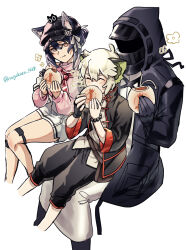 1boy 1girl 1other absurdres animal_ears arknights bead_bracelet beads black_gloves black_hair black_hat black_pants bracelet cat_boy cat_ears cat_girl closed_eyes cropped_legs doctor_(arknights) ears_through_headwear eating fingerless_gloves food gloves grey_hair hat highres hood hood_up invisible_chair irohakaronn0913 jewelry long_sleeves luo_xiaohei luo_xiaohei_(cat) luo_xiaohei_(human) luo_xiaohei_zhanji official_alternate_costume pants pink_shirt rockrock_(arknights) rockrock_(before_singing)_(arknights) shirt simple_background single_fingerless_glove sitting sitting_on_lap sitting_on_person skirt steamed_bun twitter_username white_background white_skirt yellow_eyes