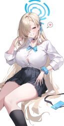 Rule 34 | 1girl, absurdres, anri (user ncce8585), aqua bow, aqua bowtie, aqua ribbon, asuna (blue archive), asuna (school uniform) (blue archive), asymmetrical bangs, black choker, black skirt, black socks, blonde hair, blue archive, blush, bow, bowtie, breasts, button gap, cellphone, choker, commentary request, feet out of frame, fingernails, gyaru, hair over one eye, hair ribbon, halo, heart, highres, huge breasts, invisible chair, kneeling, kogal, large breasts, long hair, looking at viewer, miniskirt, nail polish, official alternate costume, one eye covered, phone, pleated skirt, ribbon, school uniform, scrunchie, shirt, shirt tucked in, simple background, sitting, skirt, smile, socks, solo, spoken heart, straight hair, very long hair, white background, white shirt, wrist scrunchie