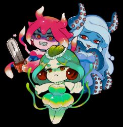 Rule 34 | 3girls, angry, barefoot, bead necklace, beads, black background, blonde hair, blue dress, blue hair, breasts, chainsaw, chibi, cleavage, clenched teeth, colored skin, dress, evil smile, expressionless, gradient hair, green dress, green hair, green headwear, green skin, hat, highres, holding, holding chainsaw, ippaiotabe mkw, jewelry, large breasts, looking at viewer, looking to the side, marina (omori), medusa (omori), molly (omori), monster girl, multicolored hair, multiple girls, necklace, omori, open mouth, orange eyes, outstretched arms, red dress, red eyes, red hair, shaded face, sharp teeth, simple background, slime girl, smile, spread arms, streaked hair, teeth, tentacle hair, tentacle hands, tentacles, wavy hair