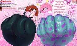 Rule 34 | 2girls, abuhashbrown, ashido mina, ass, ass clapping, ass shake, blush, bodysuit, boku no hero academia, brown hair, clapping, colored skin, huge ass, looking at viewer, looking back, multicolored bodysuit, multiple girls, one eye closed, open mouth, pink hair, pink skin, recording, short hair, smile, superhero costume, teeth, thick thighs, thighs, upper teeth only, uraraka ochako, wide hips, wink