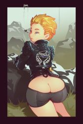 1girl artist_name ass belt_pouch biker_clothes black_border black_gloves black_jacket blue_eyes border brown_hair butt_crack cable clothes_pull commentary day death_stranding dimples_of_venus dolphin_shorts english_commentary fragile_(death_stranding) from_behind gloves grey_shorts heart jacket justrube leather leather_jacket looking_at_viewer looking_back no_pants outdoors pouch short_hair shorts shorts_pull solo studded_jacket thighs very_short_hair wrinkled_skin
