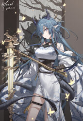 Rule 34 | 1girl, absurdres, arknights, bare shoulders, blue hair, blush, closed mouth, detached sleeves, dragon girl, dragon horns, dragon tail, dress, hair between eyes, hair bun, highres, holding, holding stick, horns, kieed, ling (arknights), long hair, looking at viewer, multicolored eyes, pointy ears, purple eyes, revision, sidelocks, smile, solo, stick, tail, thigh strap, white dress