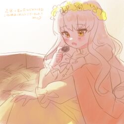 1girl :o annih_epica bow bowtie chocolate clarice_miche dress hay head_wreath highres long_hair long_sleeves mishoww sitting sketch solo wagon white_hair yellow_dress yellow_eyes