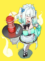 1girl aqua_hair artificial_vagina blue_eyes blush brand_name_imitation breasts dress full_body gradient_hair green_dress hair_ornament highres indie_virtual_youtuber looking_at_viewer magister maid_headdress medium_breasts medium_hair mint_fantome multicolored_hair open_mouth pointy_ears sex_toy smile solo tenga thighhighs two_side_up virtual_youtuber white_hair x_hair_ornament