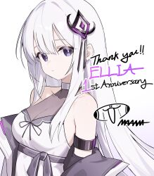 1girl absurdres anniversary bare_shoulders black_eyes breasts cleavage dress einheadt ellia ellia_(series) english_text hair_ornament halterneck highres jacket long_hair looking_at_viewer off_shoulder second-party_source simple_background solo upper_body very_long_hair white_dress white_hair