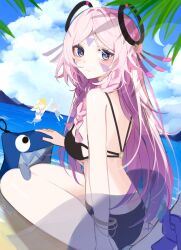 3girls absurdres bare_shoulders beach bikini black_bikini blue_eyes braided_sidelock breasts citlali_(genshin_impact) cloud cloudy_sky faceless facial_mark floating_headgear genshin_impact headgear highres itzpapa_(genshin_impact) long_hair looking_at_viewer looking_back lumine_(genshin_impact) magnet_8_8 medium_breasts multiple_girls paimon_(genshin_impact) pink_hair pink_pupils sky swimsuit water