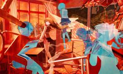 5girls absurdres book classroom curtains floating_curtains floating_hair glasses highres holding holding_book indoors long_hair looking_at_viewer meguro_miyuki multiple_girls ppru sayonara_wo_oshiete school_uniform see-through_curtains short_hair skirt sugamo_mutsuki surreal takada_nozomi tamachi_mahiru twilight ueno_koyori window