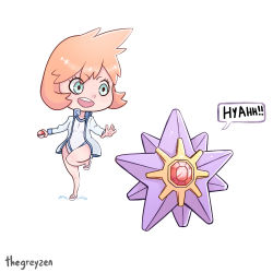 1girl covered_navel creatures_(company) eyelashes game_freak gen_1_pokemon green_eyes gym_leader holding holding_poke_ball jacket misty_(pokemon) nintendo one-piece_swimsuit open_clothes open_jacket open_mouth poke_ball poke_ball_(basic) pokemon pokemon_(creature) pokemon_hgss short_hair smile starmie swimsuit thegreyzen water white_one-piece_swimsuit