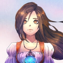 1girl artist_name bodysuit breasts brown_hair closed_mouth collarbone final_fantasy final_fantasy_ix floating_hair garnet_til_alexandros_xvii hair_between_eyes highres jewelry long_hair looking_at_viewer medium_breasts orange_bodysuit pendant puffy_sleeves rousteinire shirt solo upper_body white_shirt wind