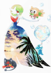 bird black_fur blue_skin bob_cut bubble cat cloud cloudy_sky colored_sclera colored_skin dress elbow_gloves gardevoir gen_3_pokemon gen_7_pokemon gloves green_hair hair_over_one_eye highres litten mega_gardevoir mega_pokemon nintendo ocean owl palm_tree pokemon pokemon_(creature) popplio red_eyes red_fur rowlet seal_(animal) simple_background sky smile sun traditional_media tree two-tone_fur water white_background white_gloves yellow_sclera yuka_(yukaaaaaaa0705)