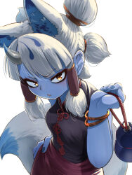 1girl absurdres animal_ears bare_shoulders black_shirt blue_nails blue_skin blush chinese_clothes colored_skin cowboy_shot cowgirl_position extra_ears fox_ears fox_girl fox_tail ginkaku_(kemono_friends) gourd hair_tubes hand_on_own_hip highres holding holding_gourd horns kemono_friends mandarin_collar mcgunngu official_alternate_costume pencil_skirt quad_tails red_skirt red_trim shirt short_hair short_twintails sidelocks single_horn skirt sleeveless slit_pupils solo straddling tail twintails white_hair yellow_eyes