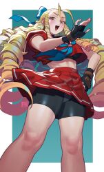 1girl bike_shorts black_sports_bra blonde_hair blue_bow bow brown_eyes cowboy_shot drill_hair fingerless_gloves forehead from_below gloves hair_bow hair_pulled_back highres kanzuki_karin laughing long_hair looking_at_viewer midriff panties panties_over_bike_shorts pleated_skirt poch4n red_sailor_collar red_skirt ringlets sailor_collar school_uniform serafuku sidelocks signature simple_background skirt solo sports_bra street_fighter street_fighter_zero_(series) underwear