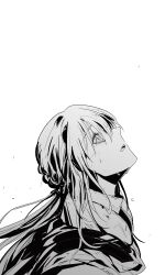 Rule 34 | 1boy, bedivere (fate), commentary request, crying, fate/grand order, fate (series), from side, greyscale, highres, kassia, korean commentary, long hair, looking up, male focus, monochrome, open mouth, ponytail, portrait, solo, tears