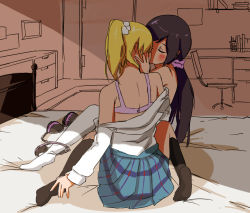 10s 2girls ayase_eli bad_id bad_pixiv_id bare_shoulders bed bedroom black_bra black_socks blonde_hair blush bra unworn_bra carpet chair closed_eyes desk door hand_on_another&#039;s_cheek hand_on_another&#039;s_face high_ponytail indoors kento1102 kiss kneehighs long_hair love_live! love_live!_school_idol_project low_ponytail multiple_girls nape on_bed panties panties_around_leg pleated_skirt ponytail purple_hair school_uniform scrunchie shirt shirt_slip sitting sketch skirt socks thighhighs tojo_nozomi underwear undressing wariza white_legwear white_shirt yuri