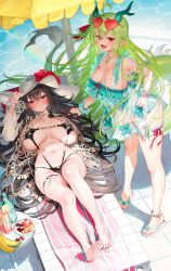 2girls absurdres armpits barefoot bikini black_bikini black_hair breasts commentary_request commission covered_erect_nipples dress eyewear_on_head feet flip-flops garam_(ryeoubi) glasses green_dress green_hair hair_between_eyes hat highres horns huge_breasts korean_commentary large_breasts legs long_hair looking_at_viewer multiple_girls nail_polish oohhya original pointy_ears pool rame_tree_(heuksaek) red_eyes sandals second-party_source smile soles standing stomach swimsuit thick_thighs thighs toenail_polish toenails toes umbrella very_long_hair yellow_umbrella