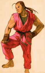 1boy bengus black_undershirt brown_eyes brown_hair capcom dougi fingerless_gloves game_cg gloves hand_on_own_hip hibiki_dan highres long_hair martial_arts_belt marvel marvel_vs._capcom marvel_vs._capcom_2 muscular muscular_male non-web_source official_art ponytail scan simple_background solo street_fighter
