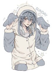 Rule 34 | 1boy, alternate costume, arms up, character name, commentary request, crescent, crew neck, cropped legs, double-parted bangs, feathered wings, fur-trimmed sleeves, fur trim, grey hair, hair between eyes, halo, halo behind head, head wings, highres, honkai: star rail, honkai (series), hood, hood up, hooded pajamas, long sleeves, looking at viewer, male focus, open mouth, orange eyes, pajamas, shirt, solo, star (symbol), sunday (honkai: star rail), twitter username, white background, white shirt, white wings, wings, xo 5ss