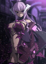 1girl absurdres alternate_color alternate_hair_color aoi_tabane bare_shoulders black_bow black_gloves black_thighhighs bow breasts cleavage corruption cowboy_shot crotch_plate dark-skinned_female dark_persona dark_skin demon_girl demon_horns demon_wings detached_collar elbow_gloves evil_smile gloves grin hair_bow high_ponytail highres holding holding_weapon horns kouyoku_senki_exs-tia large_breasts light_particles lilistia long_hair looking_at_viewer low_wings navel parted_lips pointy_ears ponytail purple_eyes purple_hair purple_thighhighs revealing_clothes ribbon rieszverne_suzette_paladill showgirl_skirt smile solo standing stomach thighhighs thighs very_long_hair weapon wings