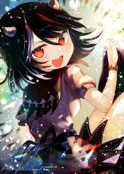 Rule 34 | 1girl, :d, black hair, bracelet, commentary, dress, fang, highres, horns, itsumizu, jewelry, kijin seija, looking at viewer, looking back, multicolored hair, open mouth, red eyes, red hair, short sleeves, smile, solo, streaked hair, touhou, twitter username, white dress, white hair
