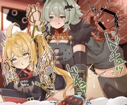 1futa 1girl :o ass bed bedroom blonde_hair blush bottomless breasts brown_eyes caesar_king_(zenless_zone_zero) clothed_sex futa_with_female futanari green_hair highres huge_breasts huge_penis japanese_text long_hair looking_at_viewer luciana_de_montefio lying on_bed open_mouth penis ponytail prone_bone rolling_eyes sex sex_from_behind side_ponytail smile speech_bubble thought_bubble tongue tongue_out vaginal veins veiny_penis x-ray zad_orein zenless_zone_zero