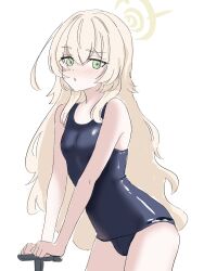 1girl blonde_hair blue_archive blue_one-piece_swimsuit blush cane fluffy_hair green_eyes halo highres holding holding_cane kamitosayu loli long_hair one-piece_swimsuit professor_niyaniya_(blue_archive) school_swimsuit simple_background solo swimsuit white_background yellow_halo