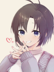 1girl antenna_hair ayuko_ammobium black_eyes black_hair brown_background cardigan fingernails grey_cardigan grin hands_up heart highres idolmaster idolmaster_(classic) interlocked_fingers kikuchi_makoto long_sleeves looking_at_viewer nail_polish own_hands_clasped own_hands_together pink_nails portrait shirt short_hair simple_background sleeves_past_wrists smile solo white_shirt