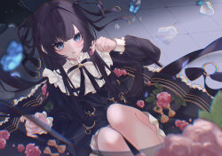 Rule 34 | 1girl, arcaea, black dress, black hair, black ribbon, blue butterfly, blue eyes, blush, bug, butterfly, commentary request, dress, feet out of frame, finger heart, floral print, flower, glass shards, hair intakes, hair ribbon, highres, insect, long hair, long sidelocks, long sleeves, looking at viewer, lying, on back, on floor, parted lips, pink flower, pink rose, print dress, ribbon, rose, sidelocks, solo, tairitsu (arcaea), tairitsu (axium) (arcaea), tile floor, tiles, user axwx7828, very long hair