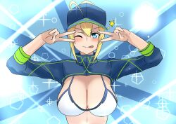 1girl absurdres ahoge artoria_pendragon_(fate) baseball_cap bikini blonde_hair blue_background blue_eyes blue_hat blue_jacket blush breasts cleavage closed_mouth double_v emotional_engine_-_full_drive fate/grand_order fate_(series) hair_between_eyes hair_through_headwear hands_up hat highres jacket large_breasts long_hair looking_at_viewer mysterious_heroine_xx_(fate) one_eye_closed parody ponytail s4ika shrug_(clothing) smile solo sparkle star_(symbol) swimsuit tongue tongue_out v
