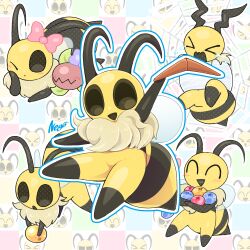 &gt;_&lt; 1girl arm_up berry black_eyes boomerang bow bug_fables commission food fruit full_body furry furry_female holding holding_boomerang holding_food holding_fruit holding_weapon multiple_views negoya open_mouth pink_bow signature silk skeb_commission spider_web vi_(bug_fables) weapon