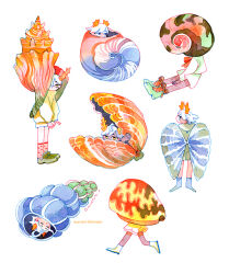 Rule 34 | 6+others, androgynous, artist name, blue eyes, blue footwear, boots, bow, bowtie, clam shell, closed eyes, conch, cowry shell, dark skin, from behind, green footwear, green hoodie, green shorts, hiding, hood, hoodie, horns, ink (medium), loafers, lying, maruti bitamin, multiple others, orange eyes, orange horns, original, painting (medium), polka dot socks, red bow, red bowtie, red socks, scallop, seashell, shell, shell wings, shoes, short hair, shorts, sitting, sleeping, snail shell, socks, sweater, traditional media, watercolor (medium), white background, white footwear, white hair, white shorts, yellow eyes, yellow sweater
