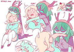 2girls adventure_time adventure_time:_fionna_and_cake biting blonde_hair blush colored_skin dog fionna_campbell green_hair hair_branch highres horns hug huntress_wizard kiss long_hair monster_girl multiple_girls plant_hair yakza_draw yuri