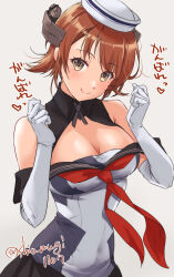 1girl black_sailor_collar black_skirt breasts brown_eyes brown_hair cleavage dixie_cup_hat elbow_gloves flipped_hair gloves hat highres kantai_collection looking_at_viewer medium_breasts military_hat neckerchief off-shoulder_shirt off_shoulder red_neckerchief richard_p._leary_(kancolle) sailor_collar sailor_shirt school_uniform serafuku shiomugi_(shio_mugi1107) shirt short_hair skirt smokestack solo twitter_username white_gloves white_hat